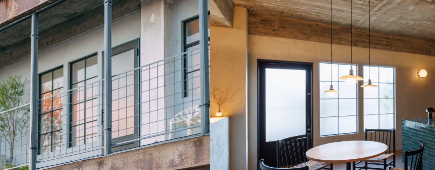 外観に取り付けられたアイアン窓とドアの施工例